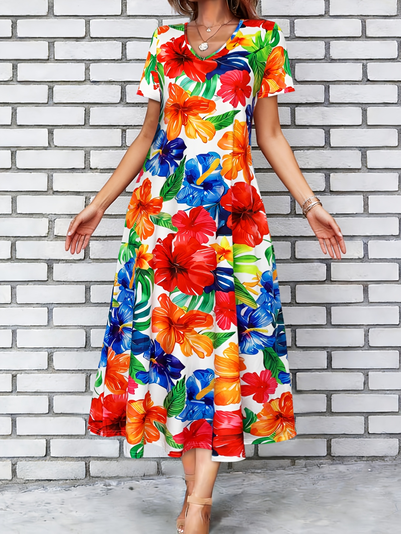 Vacation-* Spring And Summer Women'S A-Line Large Swing Dress V-Neck  Short-Sleeved Hibiscus Tropical Print Loose Seaside * Daily Commuting  Casual Shopping Versatile Fashion Women'S Clothing