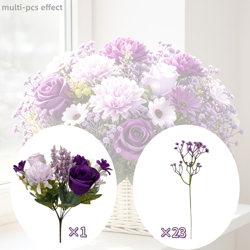 TEMU Bouquet de 24 fleurs artificielles, fleurs artificielles élégantes de haute qualité, comprenant des roses, des marguerites, des et 'S Breath,