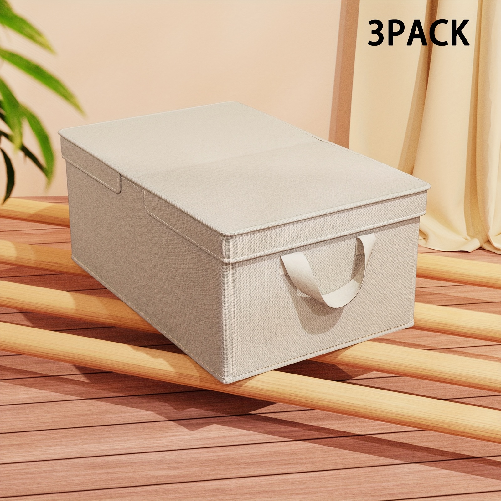 3pcs Houcoc Boho Style Fabric Storage Bins - Large Linen Closet Shelf Organizers With Stacking Feature, Multipurpose Beige Storage Baskets For Home Decor, Shelf Basket, Shelf Baskets