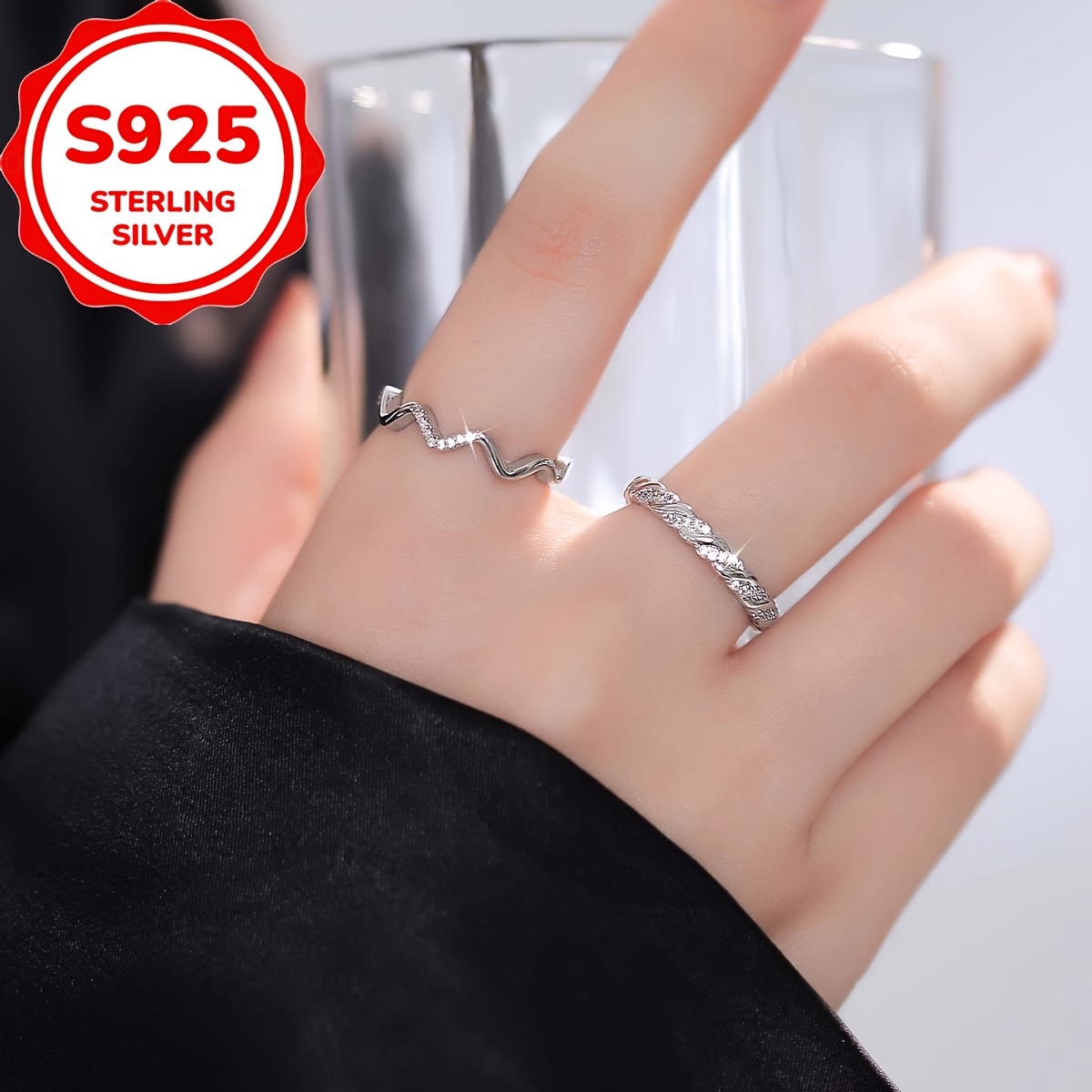 2pc Minimalist Fashion S925 Silver Braid Wave Pattern Ring Set