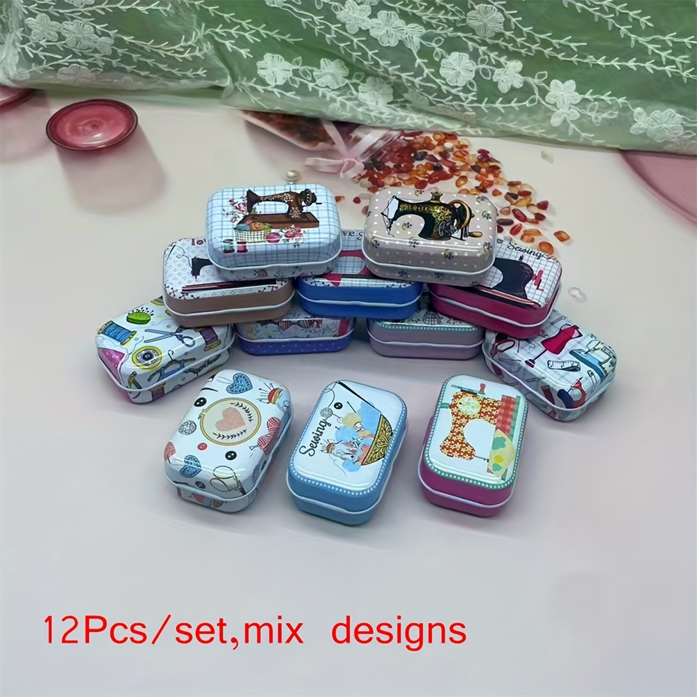 item picture 12pcs vintage sewing themed metal mini storage boxes with snap closure retro craft organizer for buttons threads beads sewing accessories multi purpose decorative containers sewing supplies accessories sewingthemed design intricate designs
