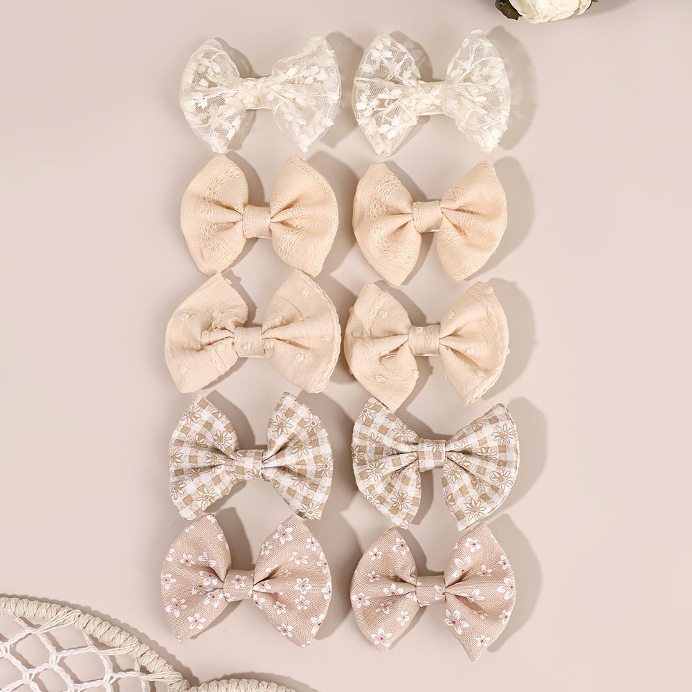 E-shop 10-teiliges Set romantische Schleifen-Haarspangen aus weichem Stoff in sanften , Spitzen-/Karo-/Blumen-Seitenclips, böhmische Haarbarrettes,
