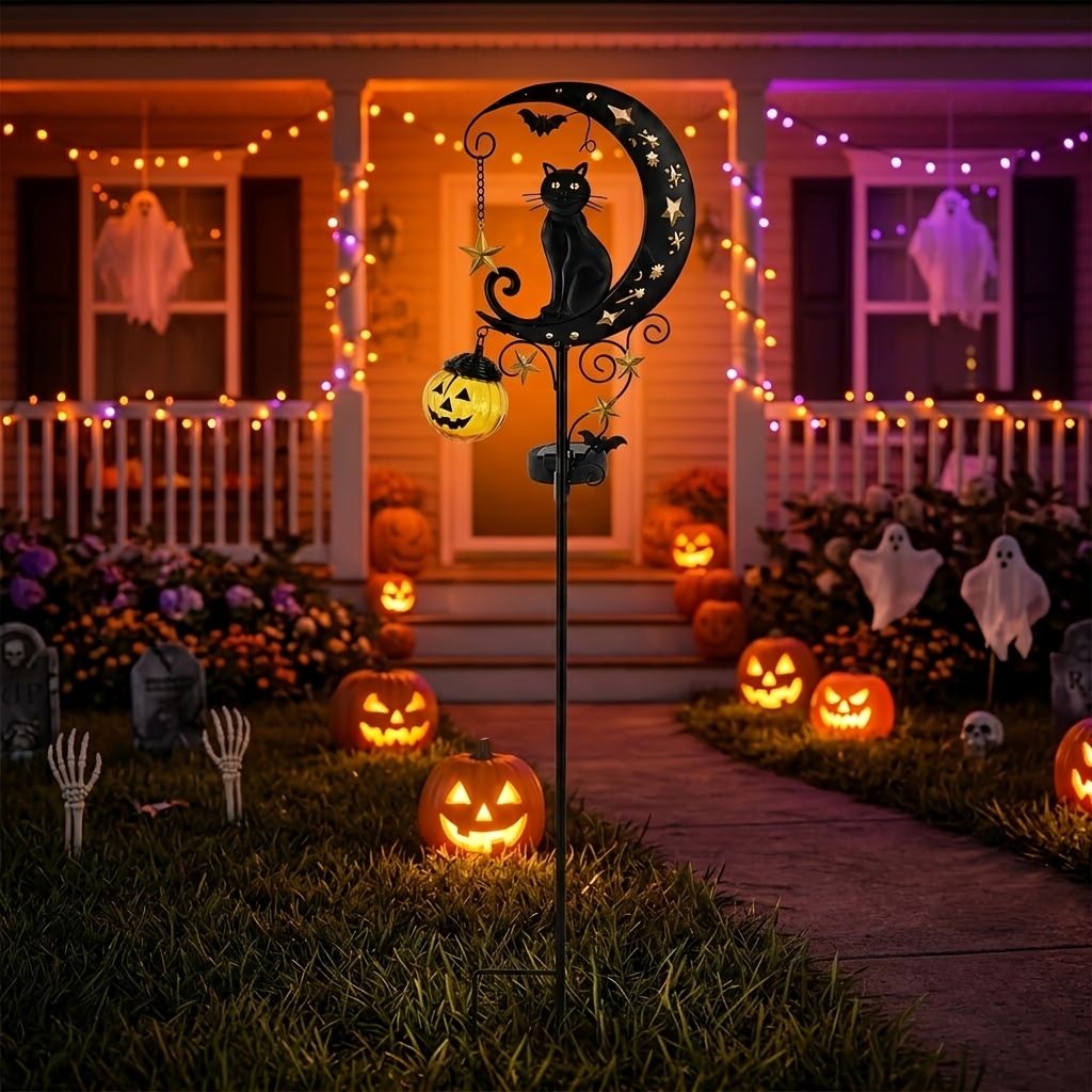 TEMU Lampe solaire de jardin de croissant avec , IP68, décoration d'Halloween extérieure, avec lumière de démon, lampe d'art gothique fil en métal