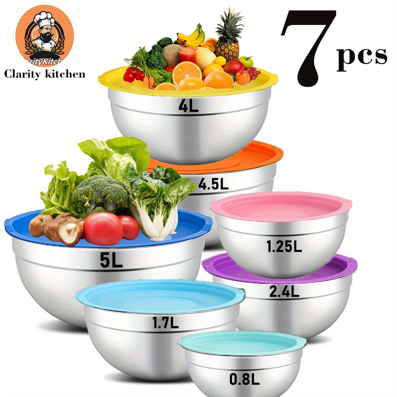 Image of 7pcs Colorful Stainless Steel Mixing Bowls With Airtight Lids, Mixing Bowls With Non-slip Silicone Bottoms, Sizes 4.5, 4, 3.5, 2.1, 1.5, 1.1, 0.7qt, Perfect For Mixing And Serving