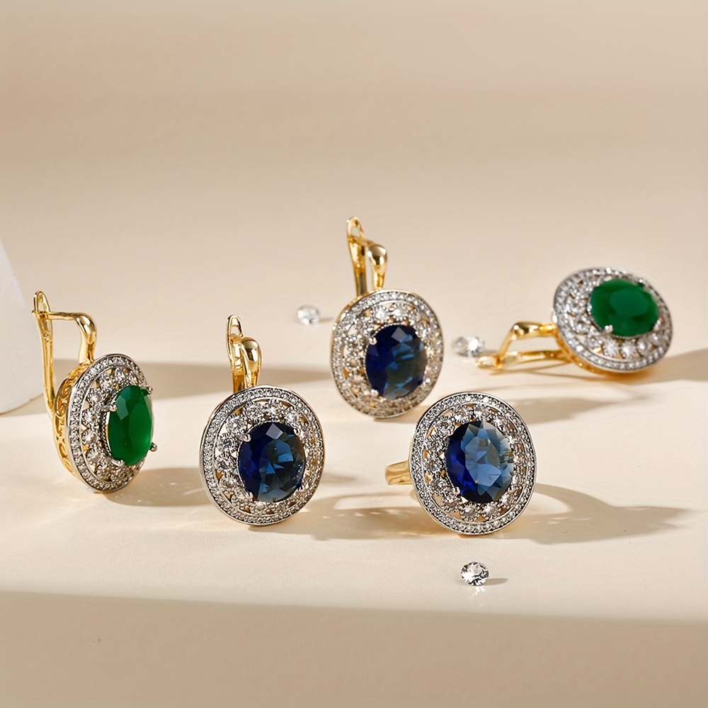Two Tone Zirconia Oval Earrings & Ring Set 14K Golden Plated