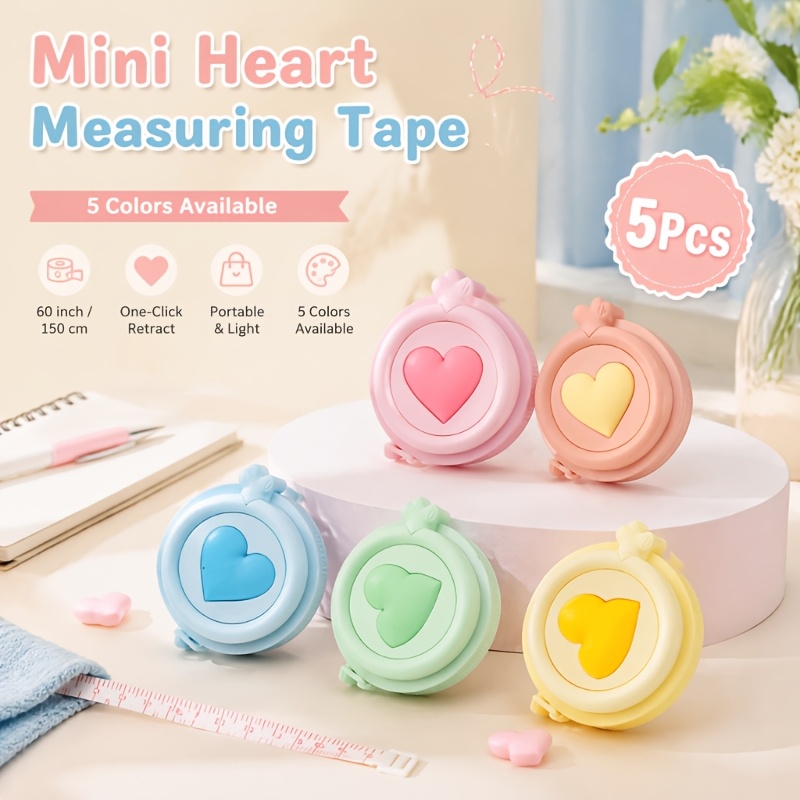 Image of 5pcs Mini Retractable Heart Tape Measure, Portable Cute Pastel Soft Measuring Tape For Body Sewing Tailor Craft, Small Pocket Size Measurement Tool For Weight Loss Fabric Cloth