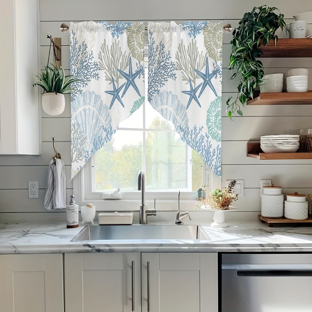 

2pcs Nautical Coastal Coral Print Curtain Valances - Light Filtering, Rod For Kitchen, Bedroom, Living Room - , Machine Washable