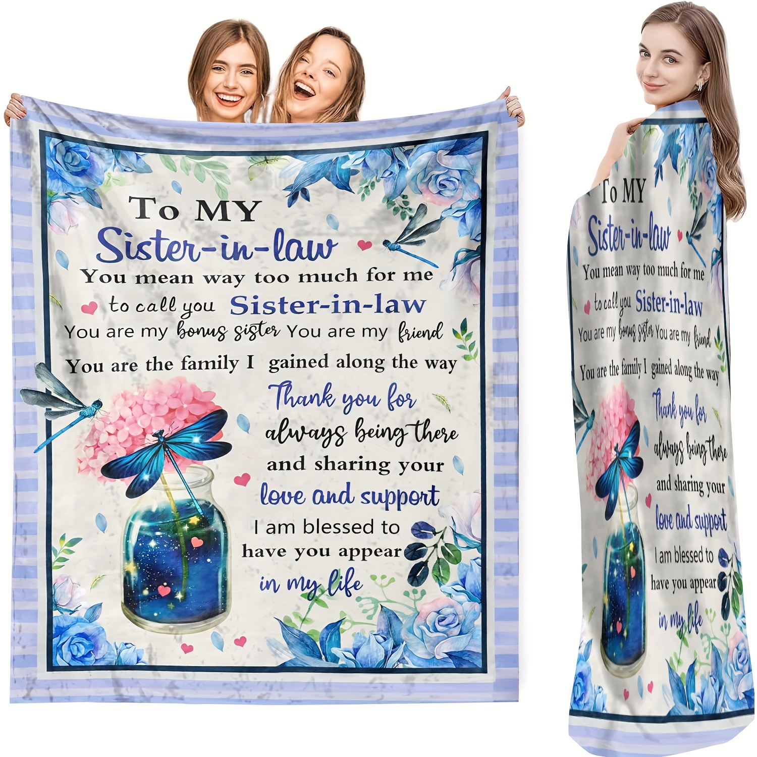 

1pc To Sister-in-law Blanket Blue Rose Stitching Pattern Blanket Soft Flannel Blanket For All Season