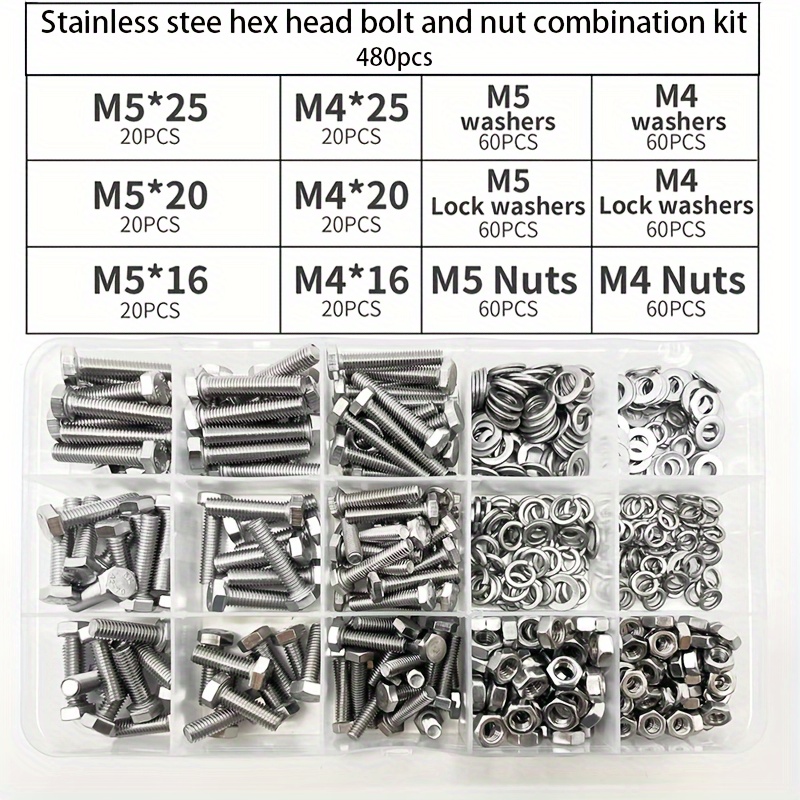 TEMU 480pcs Stainless Steel Hex Head Bolt And Nut Assortment Set - M4 M5 Hexagonal Nuts With Washers, Full Thread Kit For Various Applications