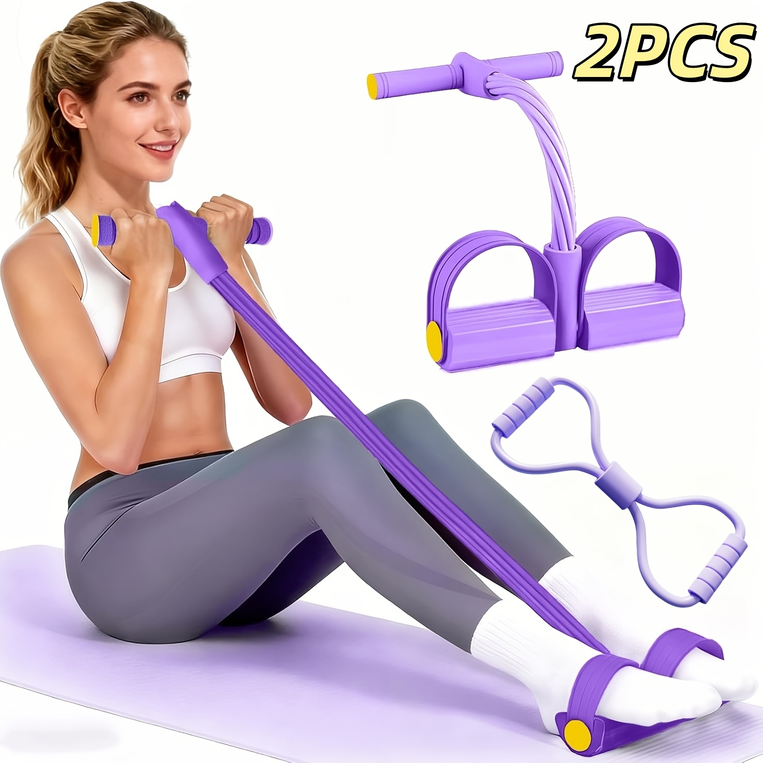 TEMU 2pcs Multifunctional Foot Pedal Tension Rope And Pull Strap Set, Elastic Yoga Pedal Pull Band , Tension Rope Fitness Equipment, For