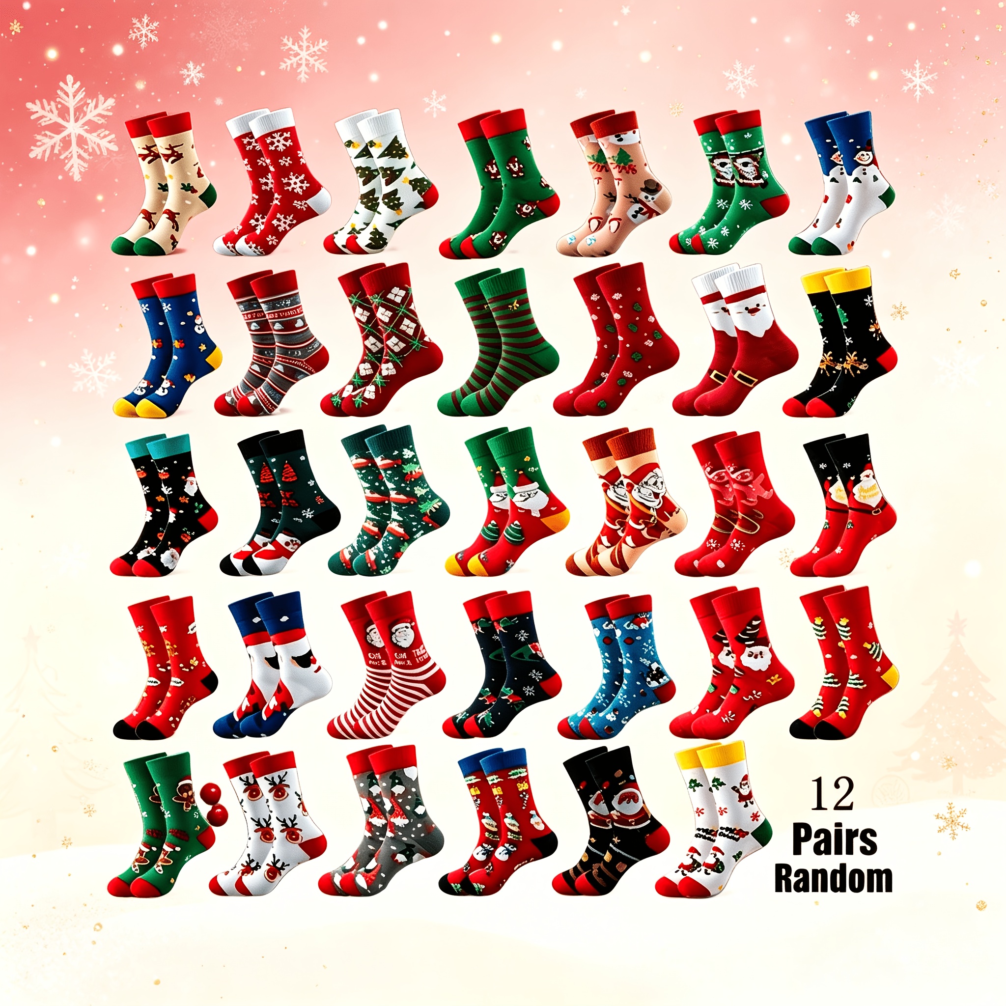 TEMU Lot de 12 paires de chaussettes unisexes décontractées, et tendance, pour femme, à motif aléatoire de Père Noël de dessin de Noël