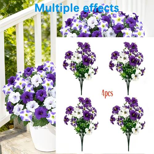 4 bundles of outdoor artificial flowers uv resistant petunias lifelike artificial floral plants suitable for porch courtyard garden balcony planter decoration purple and white outdoor uv resistant artificial hanging flowers colored