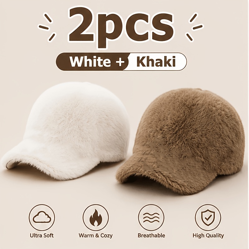 TEMU Ensemble de 2 casquettes de baseball pour femmes, bonnets d'hiver et chauds en peluche, casquettes de mode moelleuses et réglables, bonnet