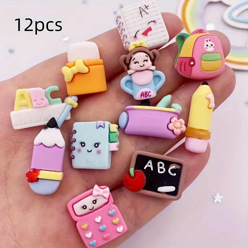 Image of 12pcs Resin Kawaii Cartoon School Supplies Flat Back Convex Circle-mixed Colors, Learning Themes, Scrapbooks, Diy Crafts, Random Style,holiday Decorations And Accessories.