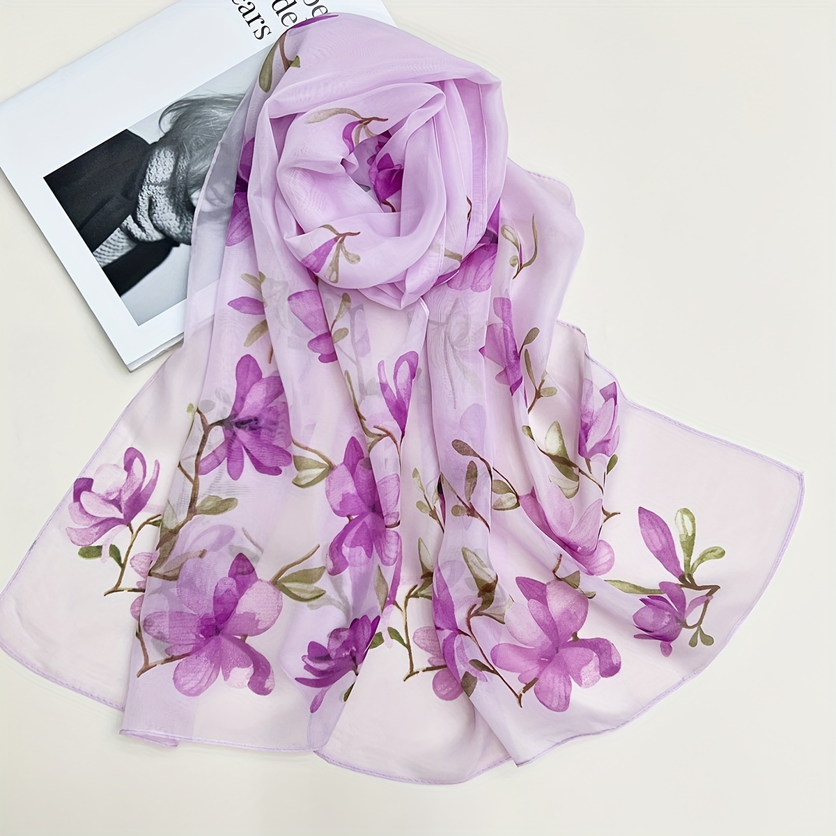 

Flower Printed Chiffon Scarf Thin Breathable Soft Skin Friendly Shawl Boho Style Sunscreen Travel Scarf For Women