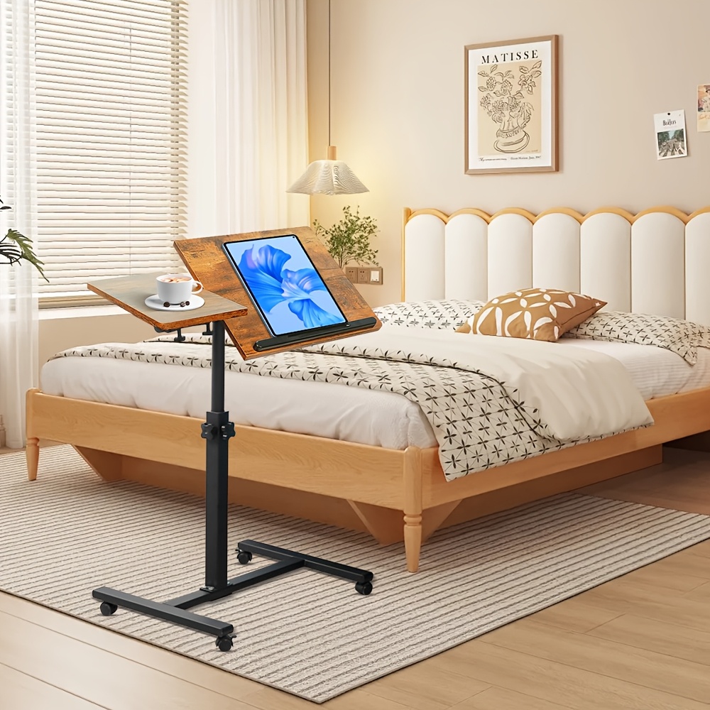 Lockable Rolling Heavy Duty Adjustable Laptop Table - Height Adjustable, Sturdy Carbon Steel Construction, Space For Home Office, Bed, Living Room - In Black Or Easy-to-