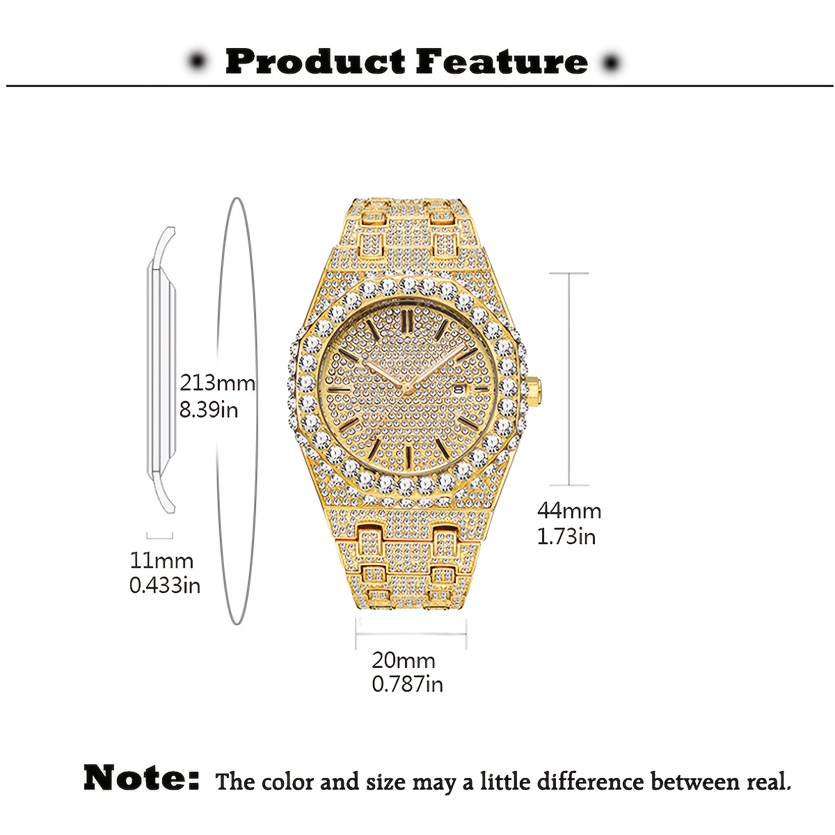 Hip Hop Ice Out Rhinestone Watch for Men with Night Light