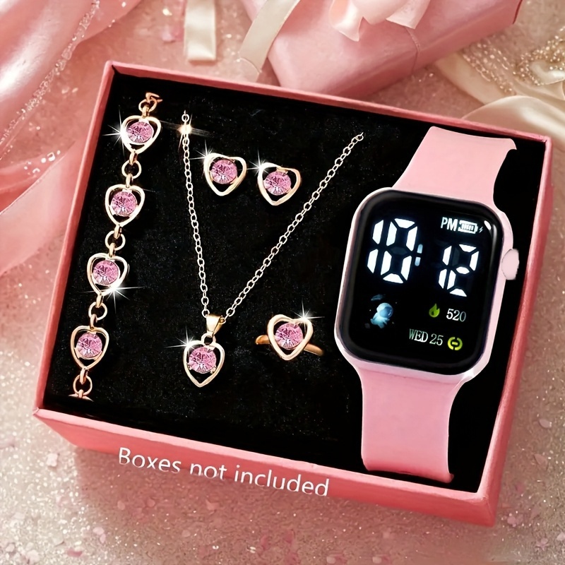 A 6pcs Set of Watches Featuring Cute Cartoon Designs, Pink Astronaut Digital Watches, And Heart Jewelry Sets, Equipped with Flashing LED Lights Suitable for Everyday Wear, Holidays, Sports Bands, Travel Running, And Birthday Gifts