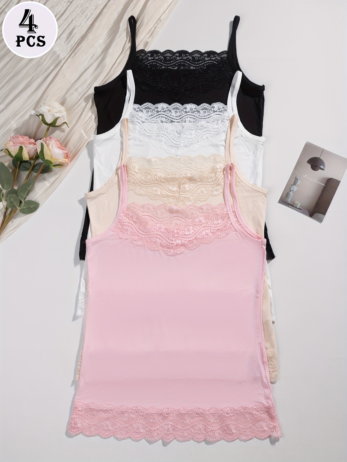 4pcs womens sexy lace trim camisole   solid color contrast lace trim adjustable spaghetti straps stretchy machine washable for casual attire lingerie evening wear elegant style smooth texture  