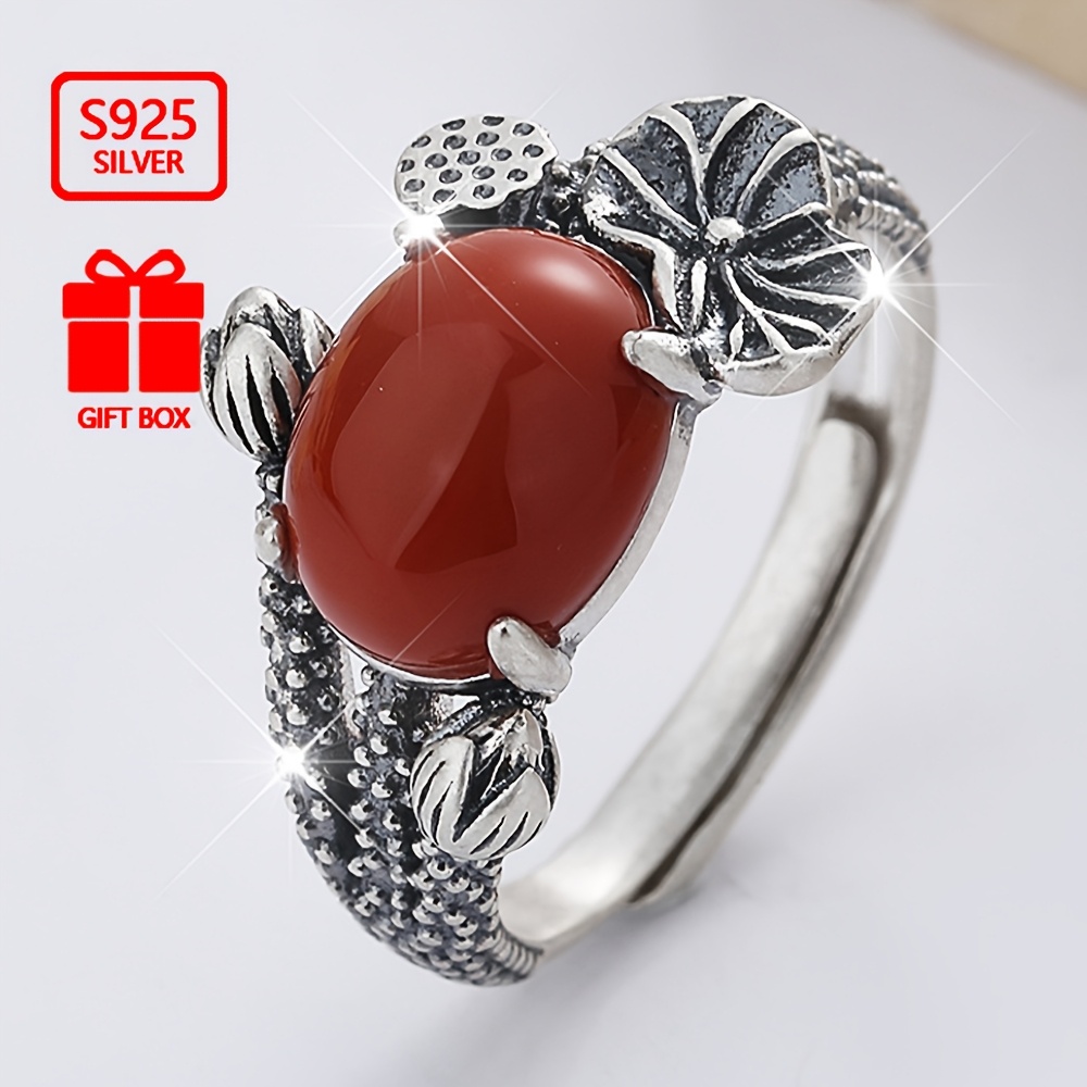 

Vintage-inspired 925 Sterling Silvery Ring With Red Agate & For Lotus Design - Parties, , And Gifts