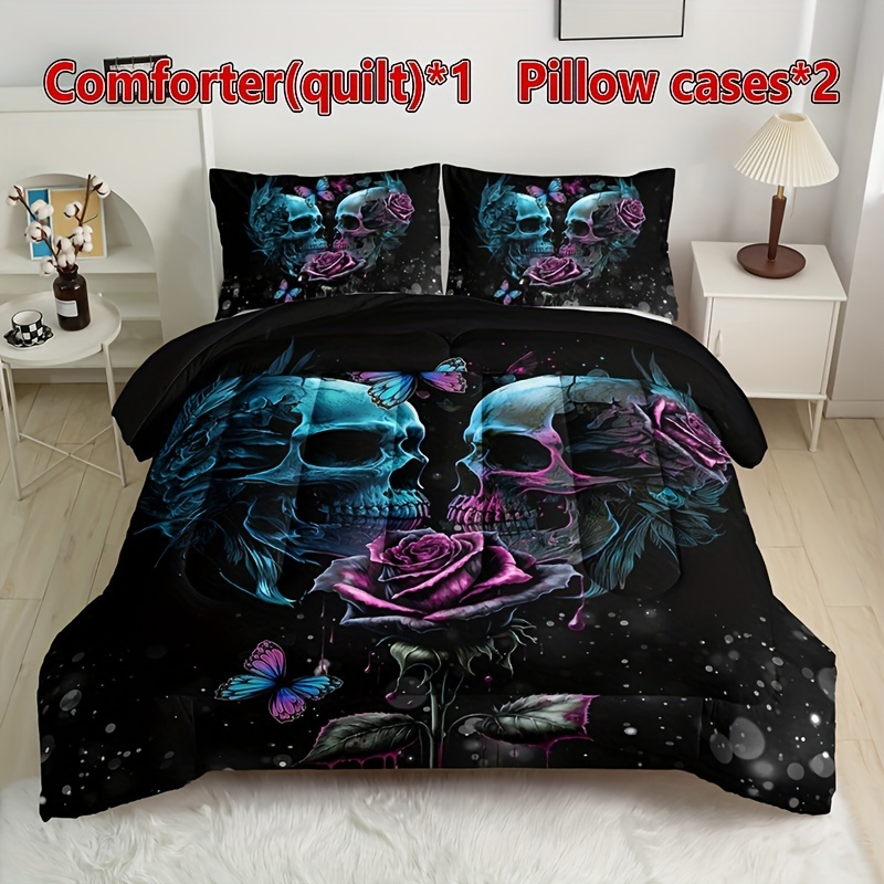 

3pcs Gothic Rose Butterfly Printed Quilt Set (1 Quilt + 2 Pillowcase Without Pillow Insert), Quilted Soft Comfortable Breathable All Season Bedding Print For Home Dorm
