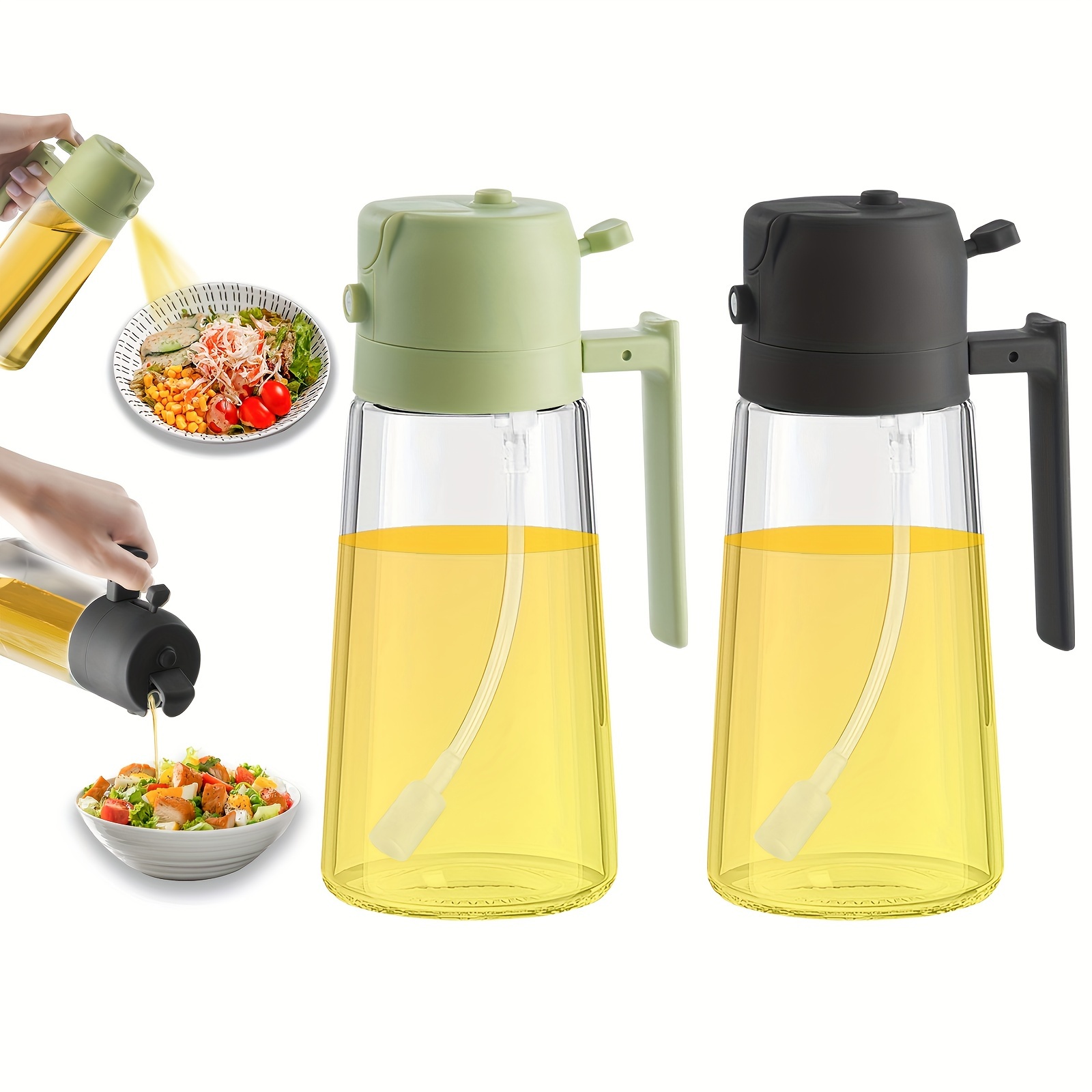 

2pcs Green+black 2 In 1 Oil Dispenser And Oil Sprayer Premium Olive Oil Dispenser Bottle With Automatic Cap, Non-drip Spout Oil Mister Oil Spray Bottle For Cooking, Kitchen, Salad, Barbecue