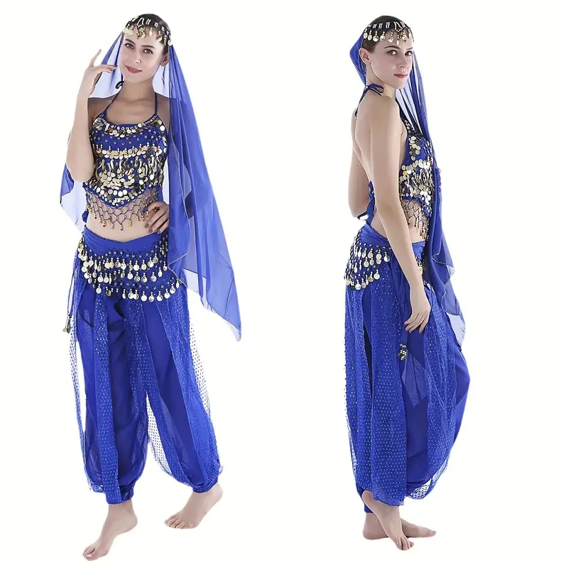 Ladies' belly button dance costume set, including camisole top and pants, headscarf and waist scarf, performance outfit, suitable for dance performances and Halloween Ladies' belly button dance costume set, including camisole top and pants, headscarf and waist scarf, performance outfit, suitable for dance performances and Halloween