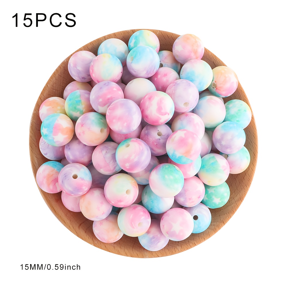 Image of 15pcs, Bead&bead Assortment, 15mm Silicone Beads With Pink And Blue Patterns, Used For Decorating Diy Crafts, Ballpoint Pens, Keychain Pendants, Bag Pendants, Etc