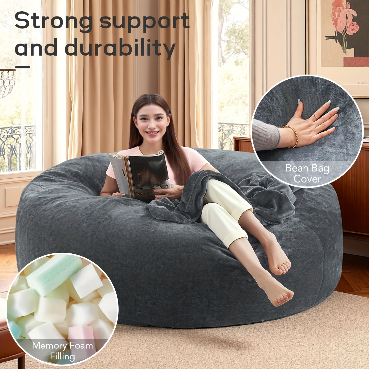 Large 4ft/5ft/6ft Bean Bag Chair Compatible for Adults - Oversized Sofa Bed Lounger with Memory Foam & Micro Velvet Cover, Soft Foam-Filled Furniture, Multi-Color Options (No Assembly) for Living Room, Bedroom - Ideal for Adults &