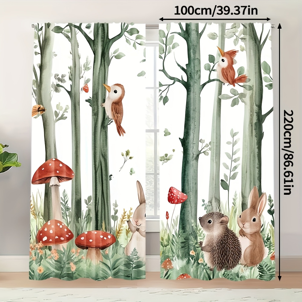 TEMU 2pcs Whimsy Woods Cartoon Woodland Animals Light-filtering Curtains, Contemporary Polyester Woven Rod Pocket Drapes For Bedroom, Living Room,