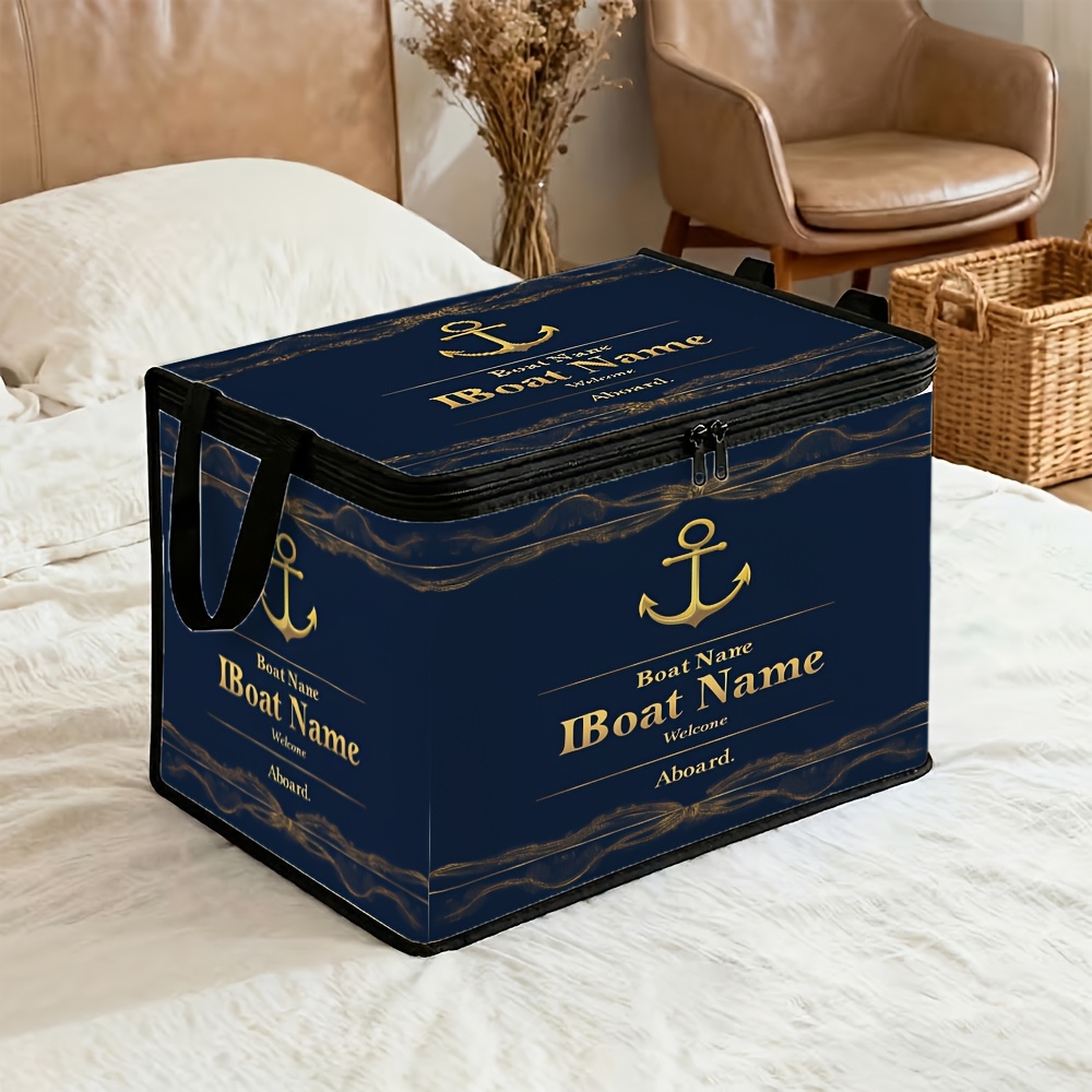 TEMU 1pc Large Capacity Collapsible Storage Box With Lid, Nautical Classic Navy Anchor Golden Reinforced , Storage Container, Suitable For Storage,