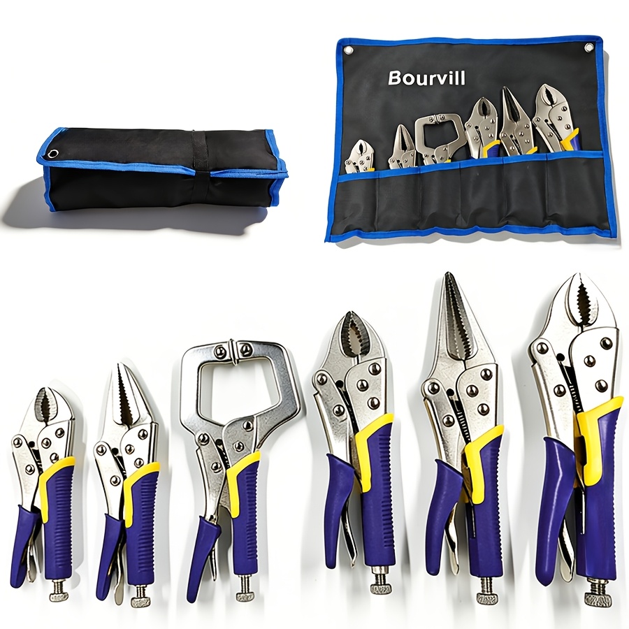 6pcs pliers set 6 1 2 inch and 9 1 2 inch pinnose pliers 5 inch 7 inch and 10 inch curved pliers 6 inch c clamp l type locking pliers with roll bag ergonomic metal handles