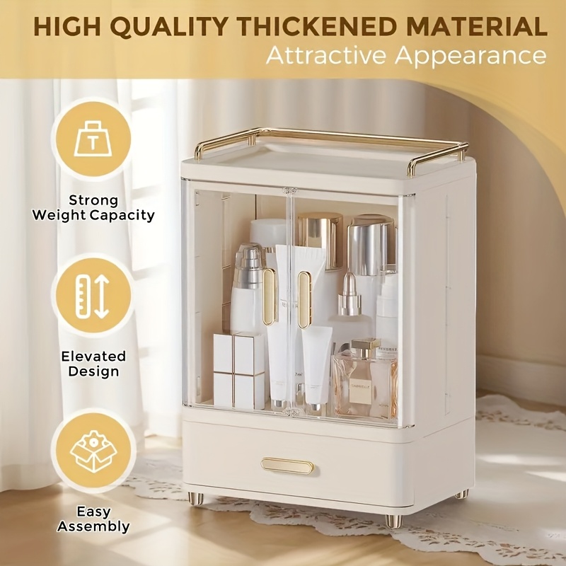 2 3 layer cosmetic storage organizer with golden plated handles top shelf   durable plastic freestanding bathroom bedroom storage box polished   no power needed bathroom organizers and storage Product details 4