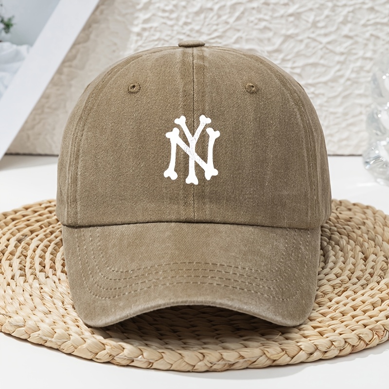 E-shop NY Baseballkappe in Weiß mit Knochen-Buchstaben-Print, Distressed Washed – Verstellbare -Duckbill-Dad-Hat für Herren & Damen, leichte