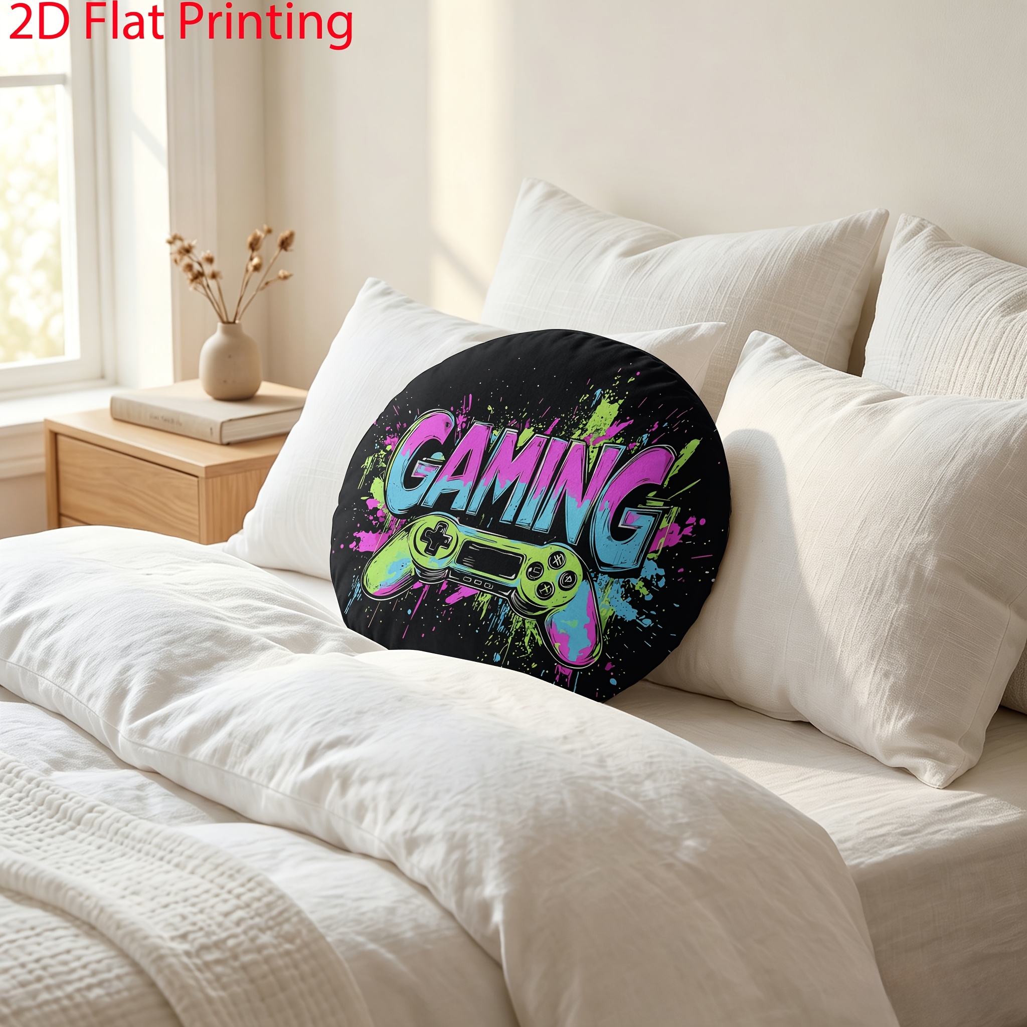 TEMU Gaming Controller Round Throw Pillow, Decorative Cushion With Graffiti Splatter Artwork, 2d Flat Printing Design, Including Pillow Core, Hidden