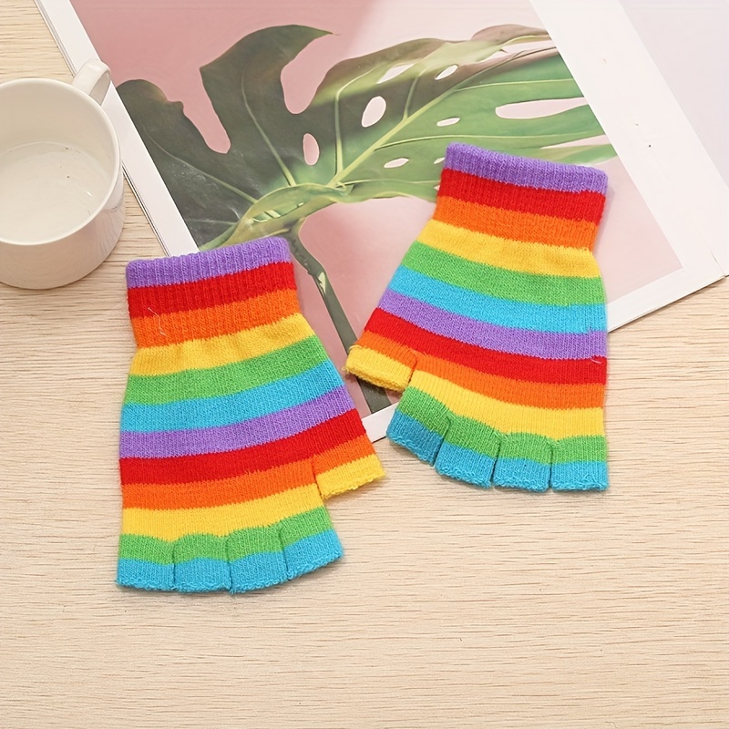 

Chic Rainbow Stripe Half-finger Knit Gloves For Women - Warm, Windproof & Decorative Fingerless Mittens Perfect For Autumn/winter