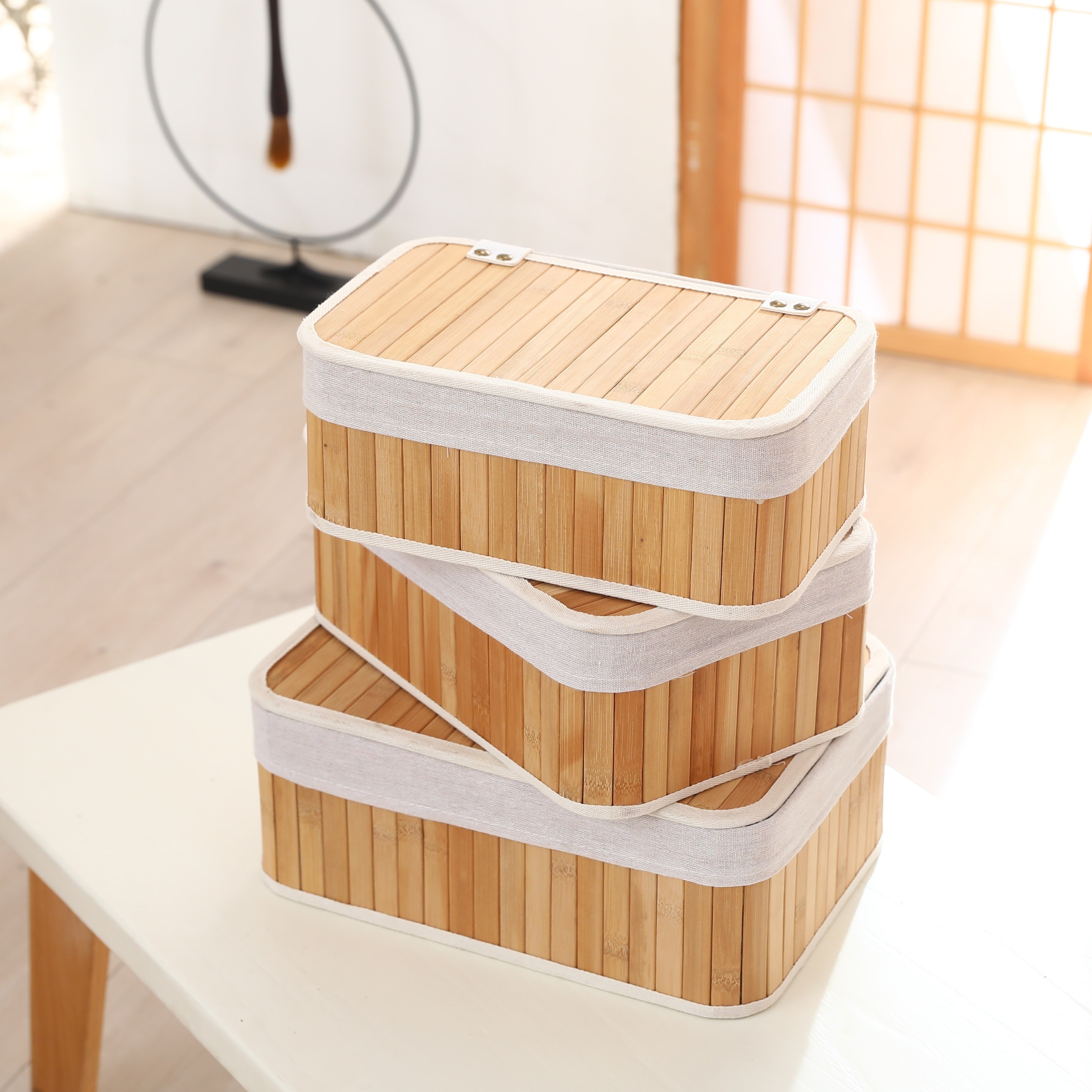 3er-Set Bambus-Aufbewahrungsboxen mit Deckel - * fr Kche, Bad, Schrank  und mehr - Stapelbar und mit Stoff ausgekleidet, Aufbewahrungsbehlter fr  die Organisation zu Hause