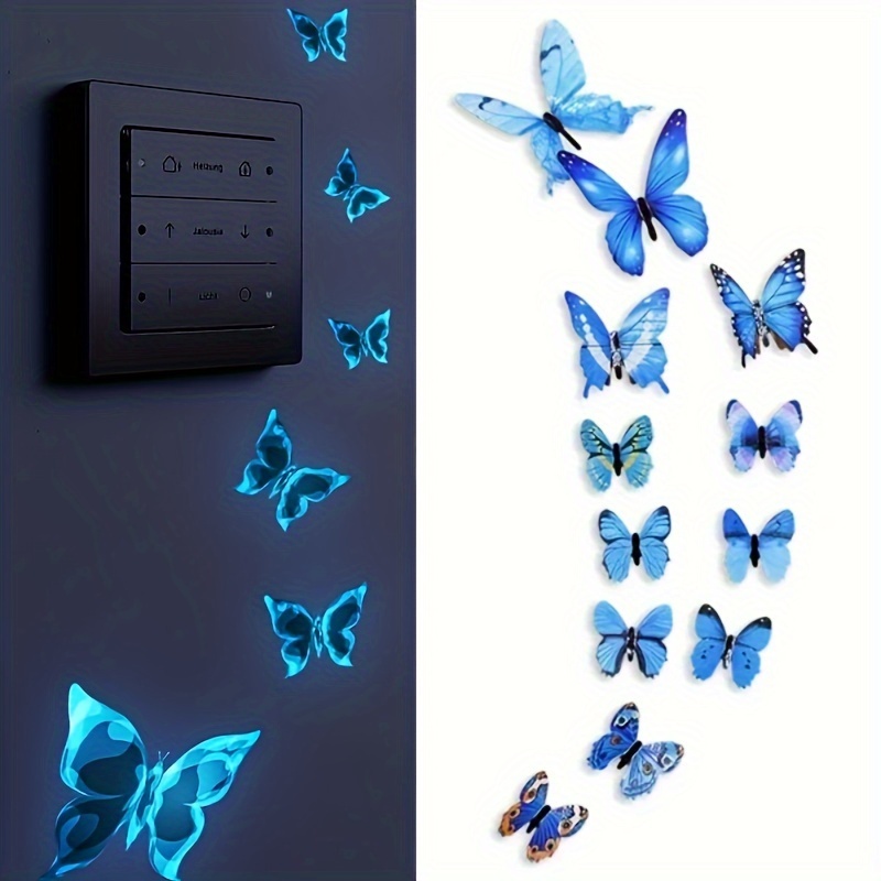 

12pcs Luminous Butterfly Wall Stickers 3d Glow In The Dark Animal Decals Self-adhesive Embroidered Matte Plastic Geometric Reusable Irregular Shape For Living Room Bedroom Home Decoration
