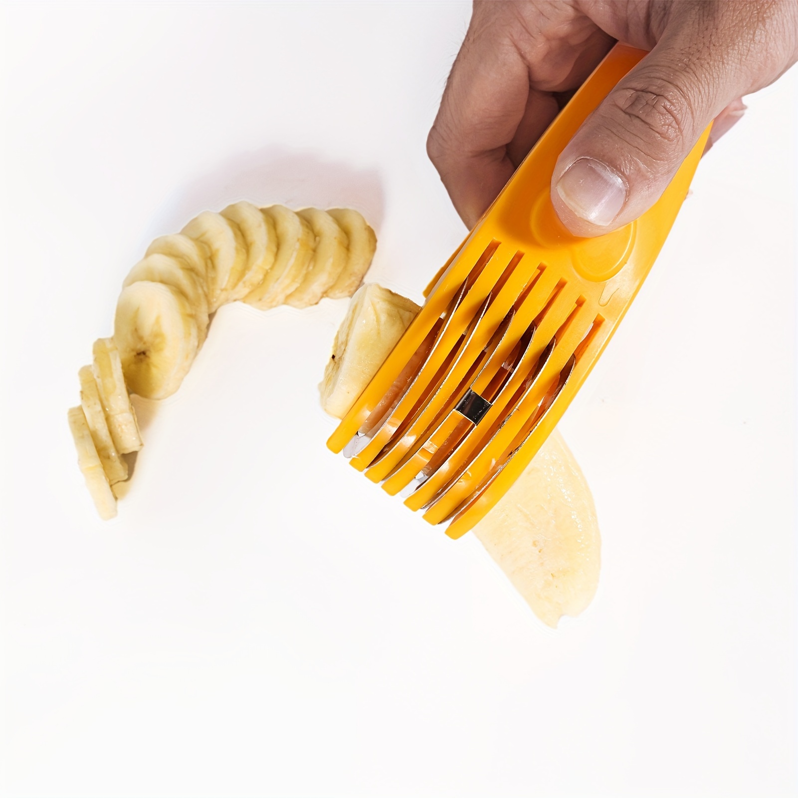 TEMU 1pc Stainless Steel Manual Hot Dog & Banana Slicer With Ergonomic Yellow Handle - Multi-fruit Vegetable Slicer For Sausages, , Bell Peppers,