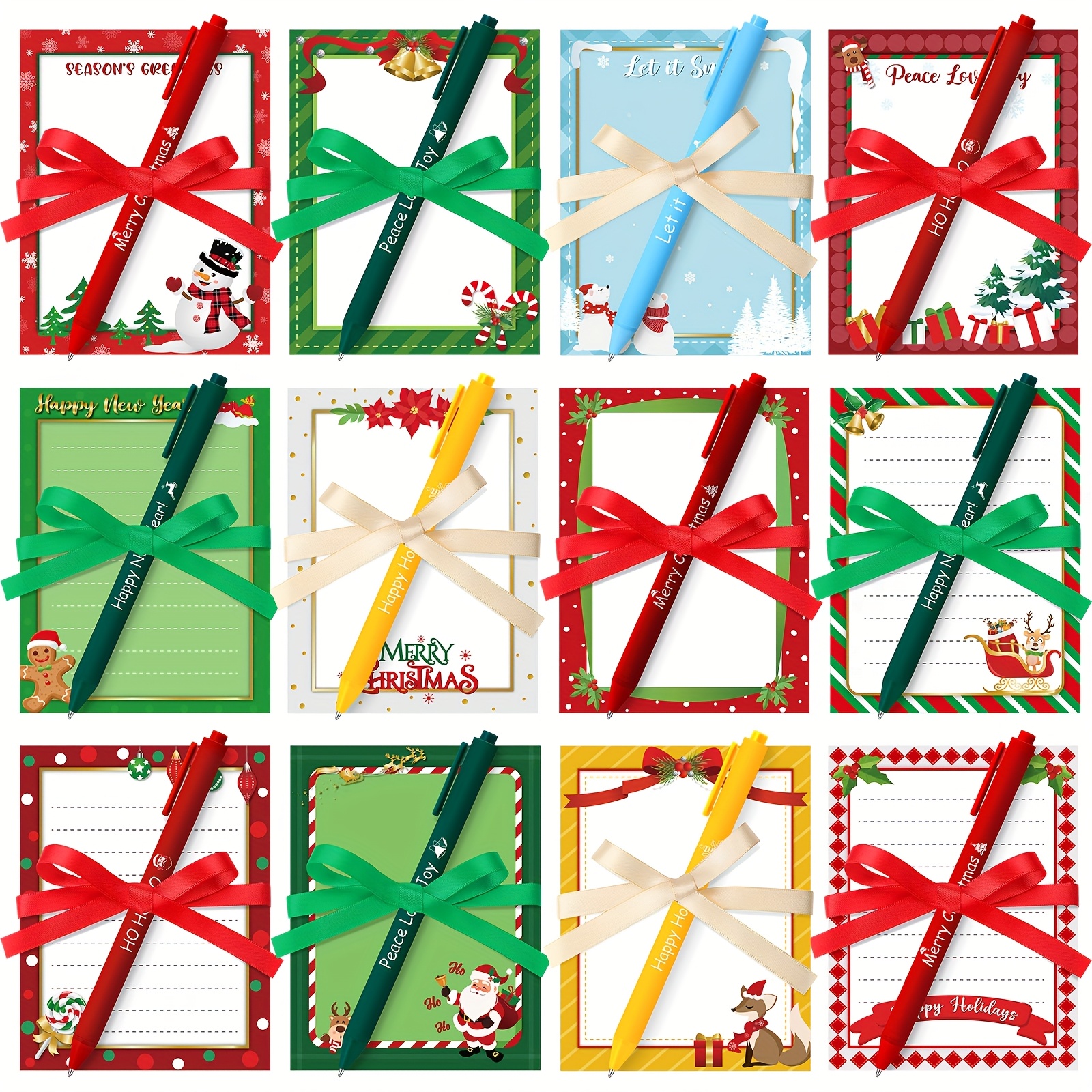 TEMU 36pcs Christmas Sticky Notes With 12pcs Notes, 12pcs Pens, And 12pcs Ribbons Winter Theme Notepads Santa Snowman Gingerbread Christmas