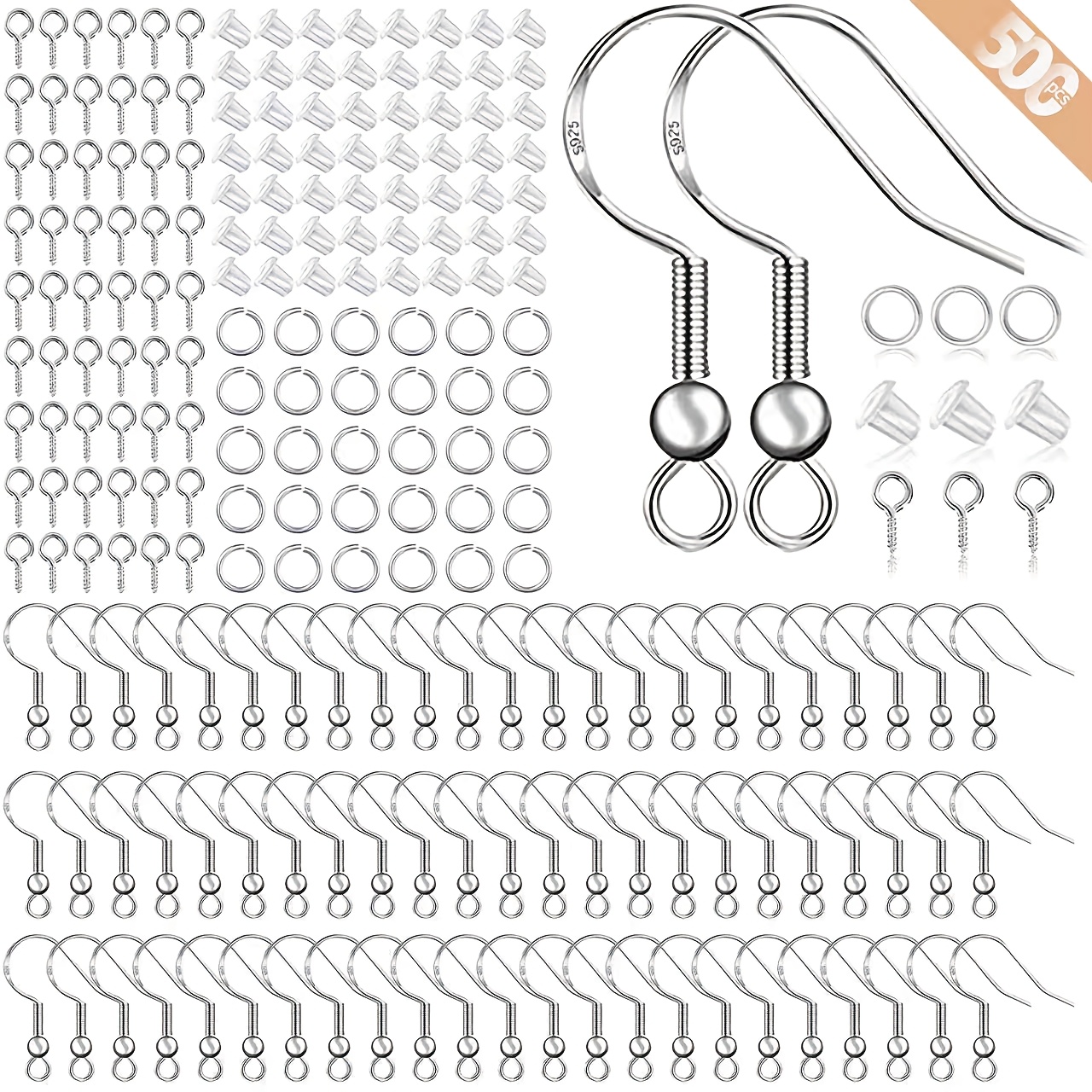 Image of 500pcs Hypoallergenic Earring Making Kit, With 100pcs/50 Pairs 925 Silver Plated Ear Wires Fish Hooks, 100pcs Small Pins And 100pcs Jump Rings,200pcs Clear Backs Stoppers (silvery,golden)