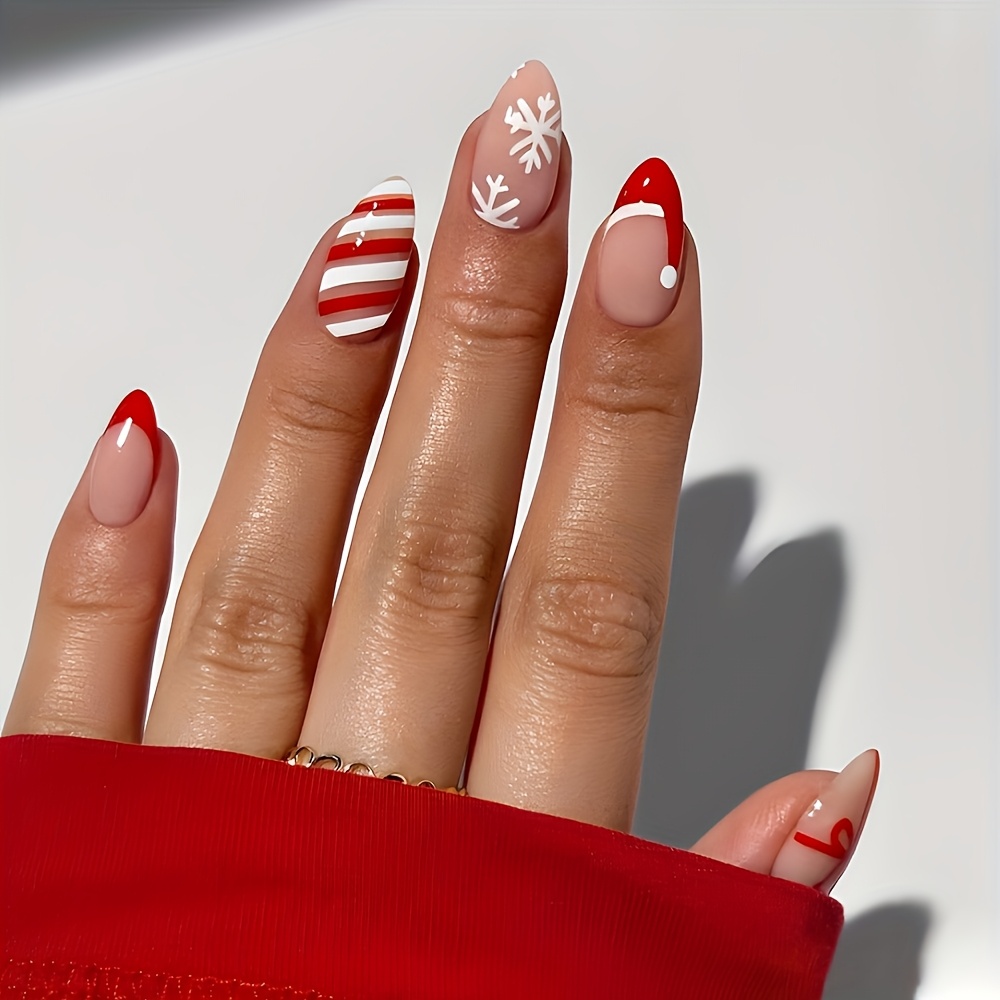 Image of 24pcs Glossy Red Almond-shaped Christmas Press-on Nails With Santa Hat And Candy Long, Shiny, Reusable Fake Nails For Women, Perfect For .