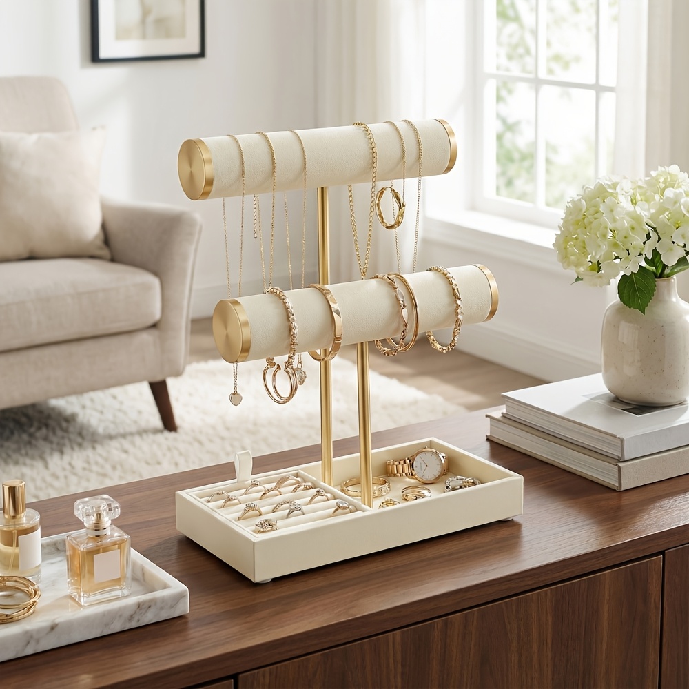 Image of Armband Holder Stand, Jewelry Display Stand, Jewelry Organizer, With 3 Tiers And Velvet Tray, Removable Ring Holder, Cream Golden, 11 X 22 X 27.2cm, Jewelry Towers