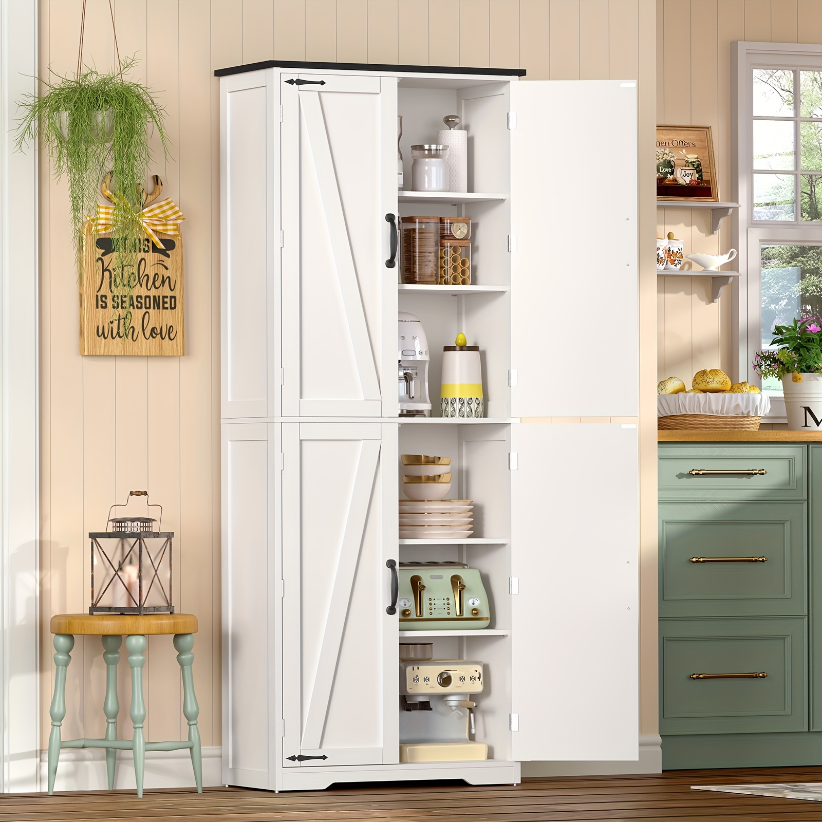 Image of 67-inch Tall Storage Cabinet Featuring 4 Doors, A Farmhouse-style Accent Cabinet With Adjustable Shelves, Suitable For The Bedroom, Living Room, Or Kitchen