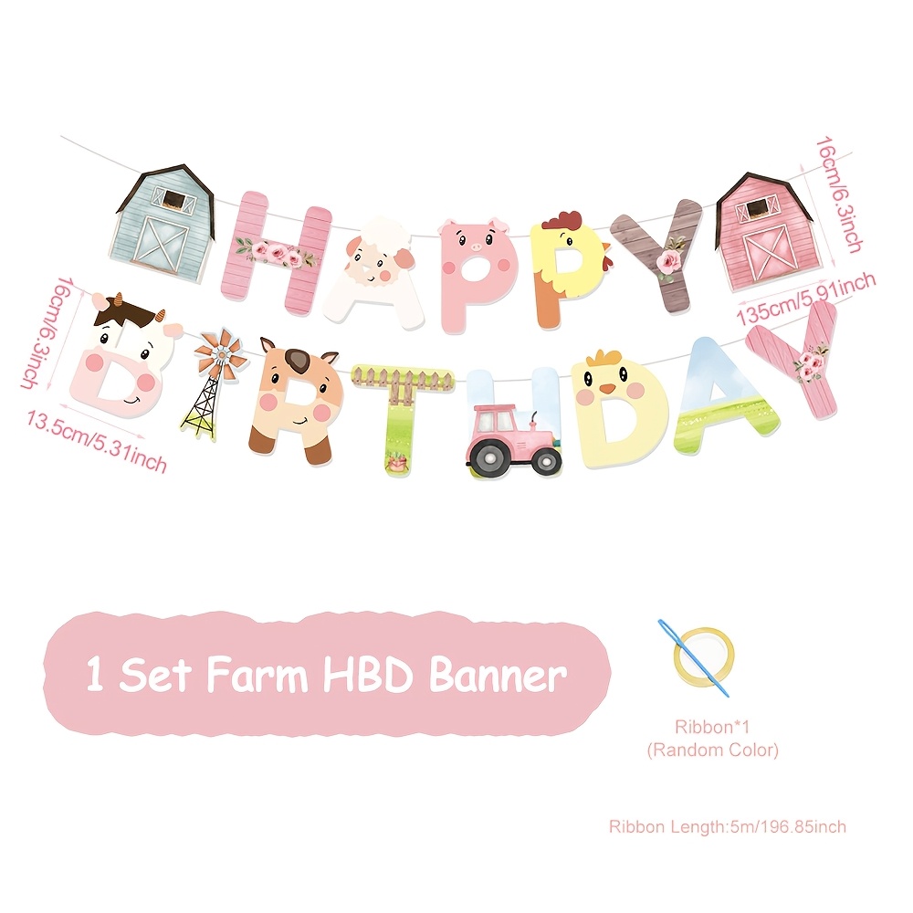 Image of 1 Set Of Farm Animal Happy Birthday Banner With 1pc Random Color Ribbon, Paper Letter Banner Flag, Suitable For Farm Theme Birthday Party Decoration, Sheep, Cow Cartoon Decoration