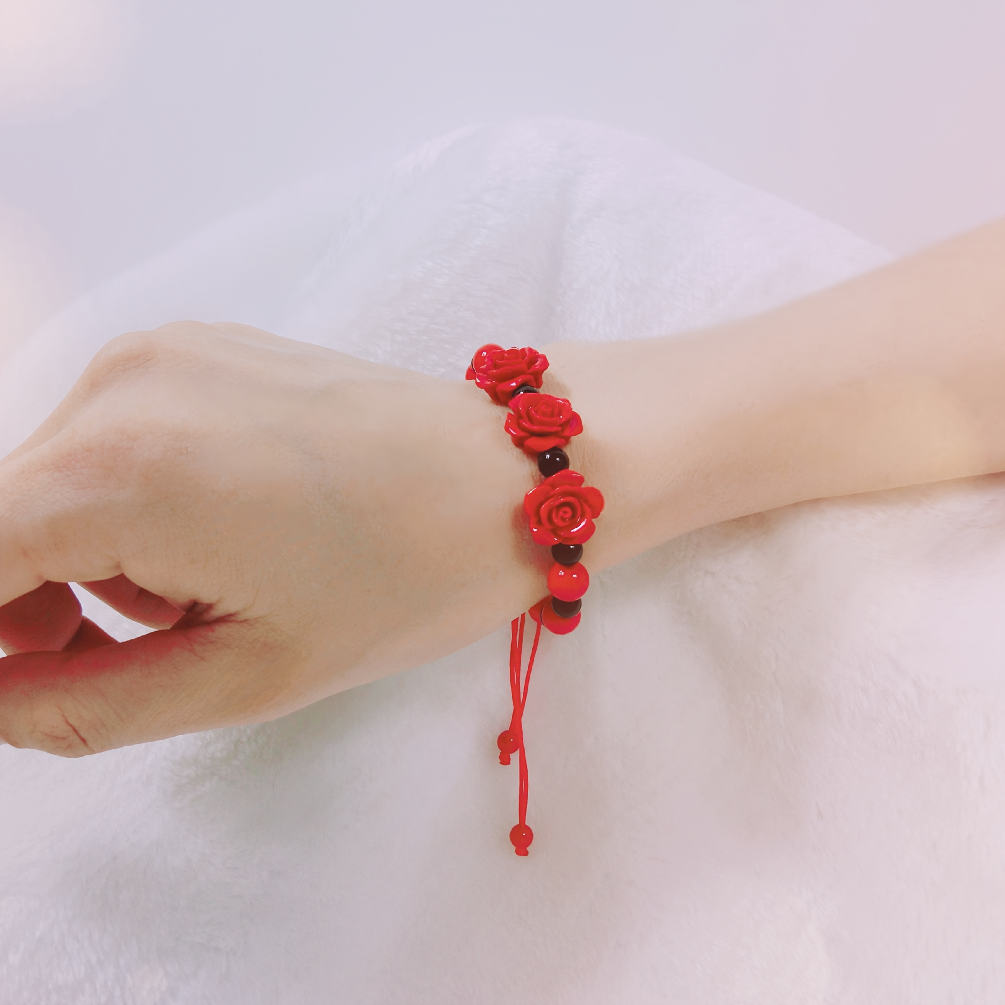 Adjustable Beaded Bracelet with Red Rose Charm & Red Beads