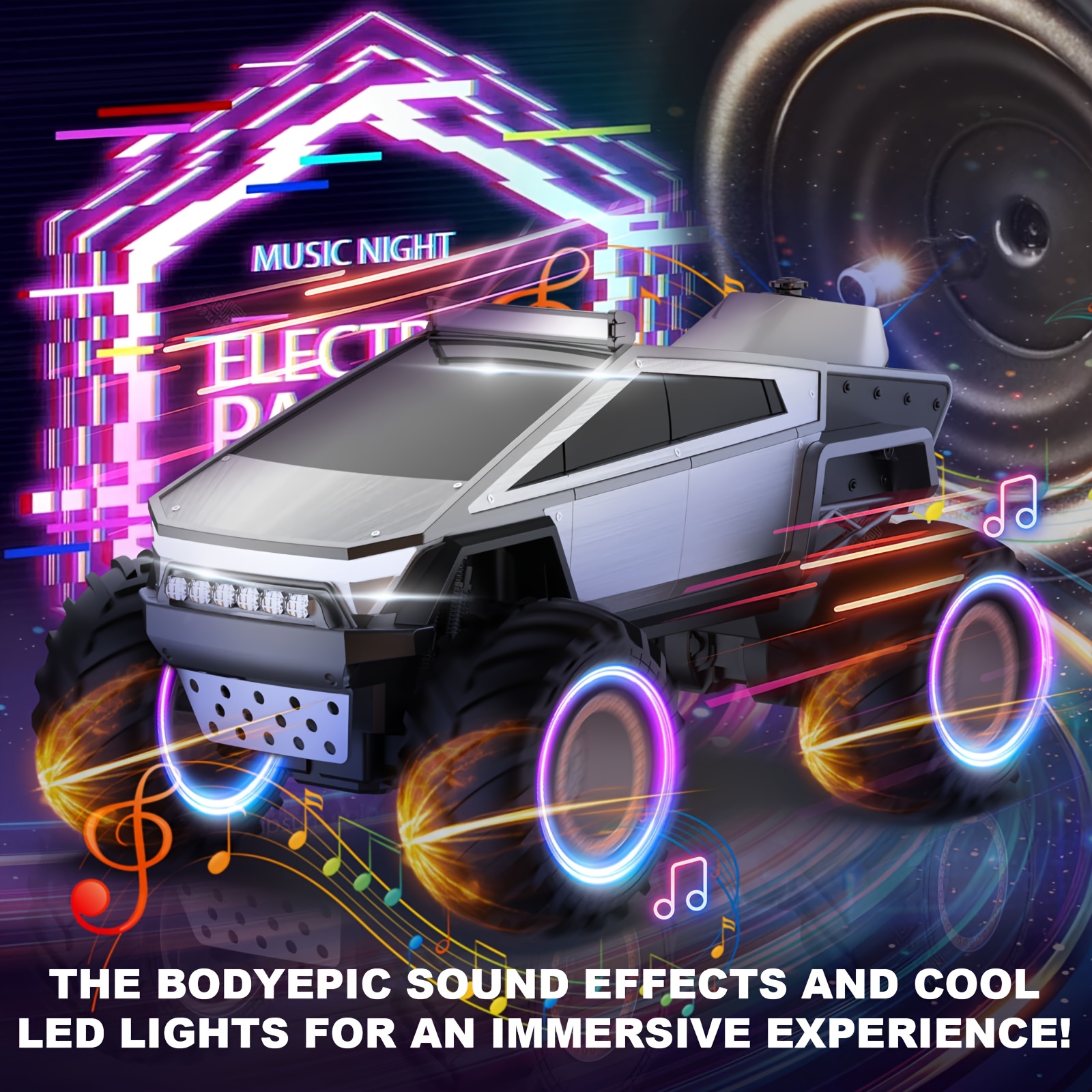 All-Terrain Remote Control Monster Truck Toy, 2, 4Ghz 4WD Off-Road Vehicle with LED Lights, Music And Excellent Grip Large Wheels, Birthday, Christmas, Halloween Gift for Boys And Girls Over