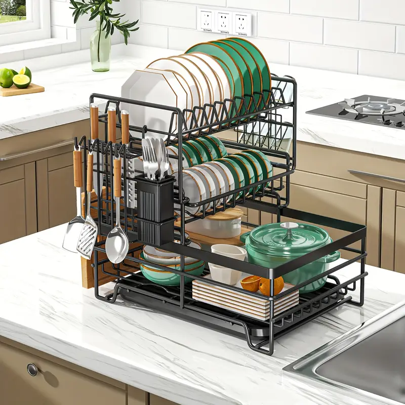 3 tier stainless steel dish drying rack with removable utensil holder adjustable plate storage automatic space saving kitchen counter organizer for dishes bowls mugs more dish drying rack for kitchen counter Product details 1