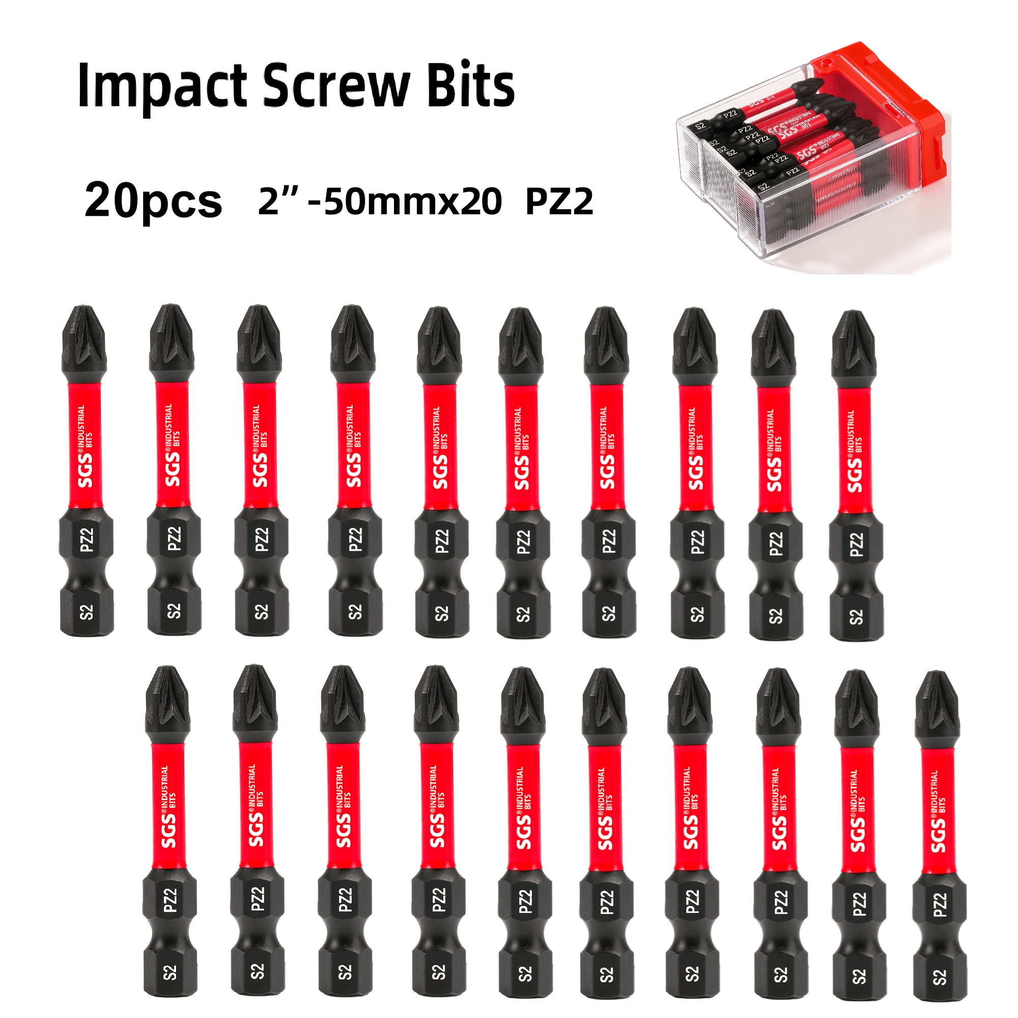 TEMU Strong Pz2 Impact Bit Set, 20pcs, Length 50mm, S2 Steel, Suitable For Drill/home (self-repair And Handmade)/mechanical Repair/electronic Device