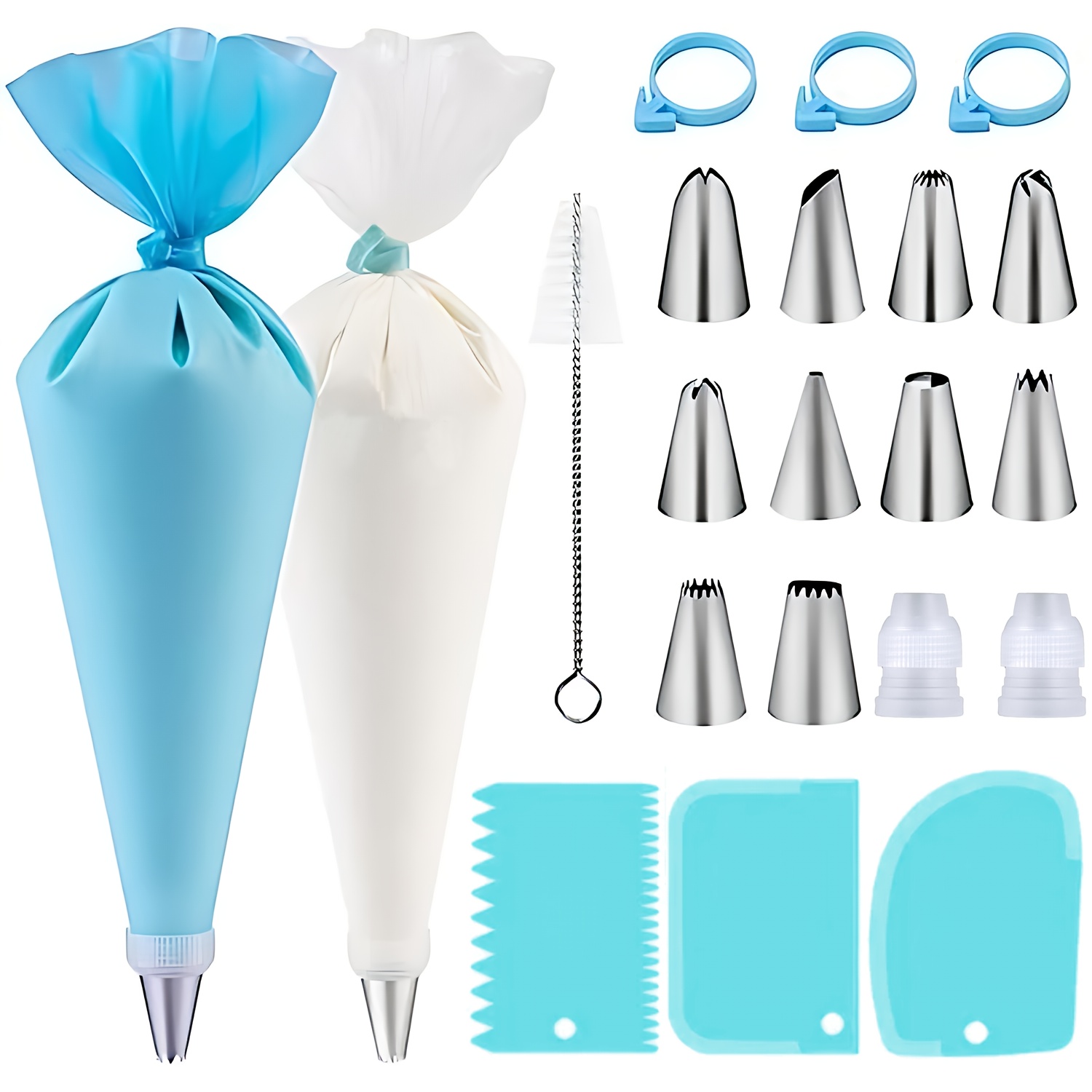 40pcs cake decorating tool set   10 piping nozzles 3 couplers 1 reusable piping bag 20 piping bags cleaning brush connectors piping bag ties for cake decorating nozzles pastry cupcakes baking pan decoration baking tools